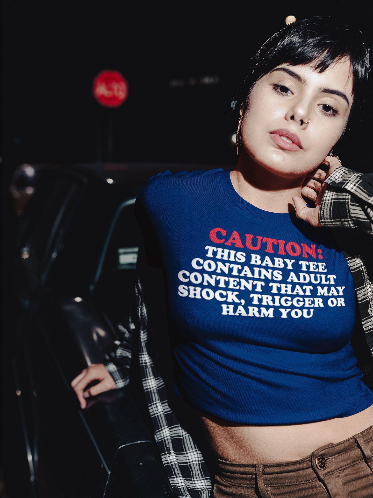 Caution: Shock, Trigger Or Harm Baby Tee Crop Top